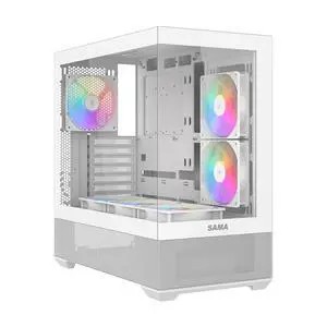 SAMA V40 Mid Tower ATX Case  6 × 120mm ARGB PWM Fans Pre-Installed, Dual Tempered Glass Panels, Vertical Airflow, Dual-Chamber Design, USB 3.1 Type-C, 7 Slots, Supports ATX/MATX/ITX GPUs, White
