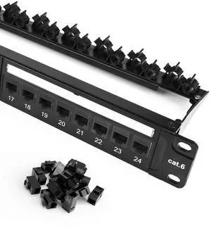 VCE Patch Panel 24 Port with 25-Pack Cat6 Black RJ45 Keystone Coupler, 1U Blank Rackmount Panel, 19 inch, 1 Pack