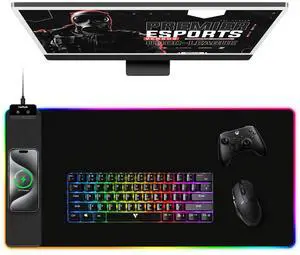 TopMade Wireless Charging Mouse Pad, RGB Gaming Mousepad Home Office Large Desk Pad with 13 Light Modes, Ultra-Smooth Surface, Non-Slip Base, Waterproof Keyboard Pad, Classic Black Desk Mat