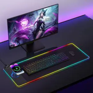 TopMade Mouse Pad with Wireless Charging, 31.5" x 11.81" Large Desk Mat RGB Gaming Mousepad, LED Desk Pad Keyboard Pad with Ultra-Smooth Surface & Non-Slip Rubber Base, Waterproof Desk Pad