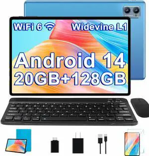 SUAAT 2025 Tablet 10 inch Android 14 Tablets with Keyboard Mouse, 20GB RAM 128GB ROM 1TB Expand 2 in 1 Tablet with Octa-core 6000mAh, HD IPS Display, Widevine L1, 5G WiFi 6, Dual Camera, GMS (Blue)