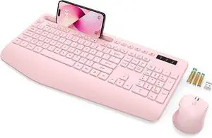 SABLUTE Wireless Keyboard and Mouse, Wrist Rest, Phone Holder, Batteries Included, 2.4G Lag-Free Ergonomic Keyboards Mouse Combo, Silent Keyboard Cordless Set for Computer, Laptop, PC, Windows, Pink