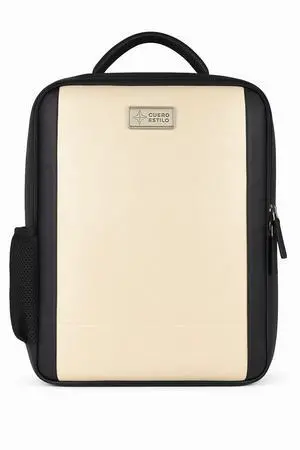 Cuero Estilo Vegan Leather Laptop Backpack - Eco-Friendly, Stylish 12L Backpack with Laptop Sleeve & Trolley Strap - Durable, Lightweight for Work & Travel (Color - Grainy Off-white and Black)