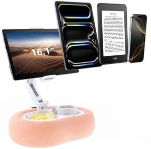 Tablet & E-Reader Stand with Soft Plush Pillow and 2 Detachable Trays, Adjustable Tablet Holder for Bed or Lap Compatible with Kindle Kobo iPad iPhone Portable Monitors & 4.7-16.1" Devices ()