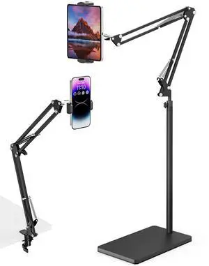 mmcrz Tablet Floor Stand with 11lb Stable Base & Desk Clamp, Adjustable Height Stretchable Arm Swivel Dual Holder, Compatible with iPhone, iPad Pro Air Mini, Galaxy Tab, Kindle, Phones (4.5''-13'')