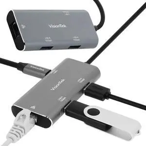 VisionTek USB-C Hub with Ethernet, 2X USB-A, 1x USB-C for MacBook, Windows, Chromebook - Portable Bus Powered Adapter