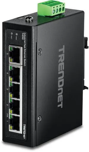 TRENDnet 5-Port Industrial Fast Ethernet DIN-Rail Switch, TI-E50, 5 x Fast Ethernet Ports, IP50 Rated, Extreme Temperature Operating Range, 1Gbps Switching Capacity, Lifetime Protection