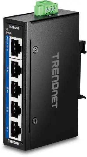 TRENDnet 5-Port Industrial Gigabit DIN-Rail Mini Switch, TI-GLC50, 5 x Gigabit Ports, Extreme Temperature IP30 Rated, 10Gbps Switch Capacity, Black