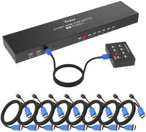 KVM Switch HDMI 8 Port, Yinker 4K@30Hz USB HDMI Rack KVM Console 8 in 1 Out w/9pack Cables 4 USB 2.0 Hubs Desktop Selector IR Remote & Ears