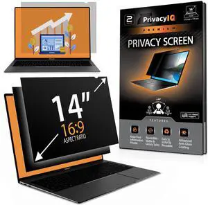 Privacy IQ 14" Inch (2 Pack) Laptop Privacy Screen-Filter for 16:9 Widescreen Display; 60 Degree Privacy, Advanced Anti-Glare, UV Light Reduction & Blue Light Filter