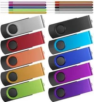 Kepmem Flash Drive 64GB Pack of 10 Thumb Drives Bulk 64 Giga USB Drives Value Metal USB 2.0 Memory Sticks Swivel Pen Drive 64 GB Portable Jump Drive Colorful Multipack Zip Drives for Data Storage