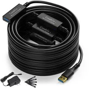 USB 3.0 Active Extension Cable 100 Feet, Long USB Type-A Male to Female Extender Cord, Built-in 3 Signal Booster Smart Chips, 5Gbps Transfer, Black USB Extension Cable with an AC Power Adapter (5V 2A)