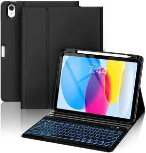 BLUTLOTUS for iPad 11th A16 10th Generation Case with Keyboard - 7 Colors Backlit Wireless Detachable Folio Keyboard Cover with Pencil Holder for iPad 11'' A16 2025 10th Gen 10.9 Inch 2022 (Black)