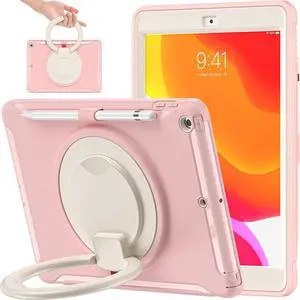 BATYUE for iPad 9th/ 8th/ 7th Generation Case (iPad 10.2 Case 2021/2020/2019) with Screen Protector,Rugged Case with Rotating Stand/Pencil Holder/Pencil Cap Holder (Cheery Pink)