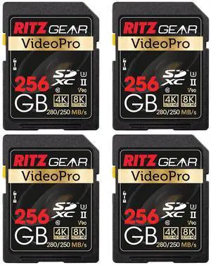Ritz Gear Video Pro SD UHS-II 256GB SDXC Memory Card 4-Pack U3 V90 A1, Extreme Performance Professional (R 280mb/s 250mb/s W) for Advanced DSLR,Well-Suited for Video, Including 4K,8K, 3D, Full HD