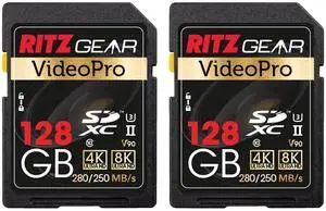 Ritz Gear 128GB High-Speed SDXC UHS-II SD Card, C10, U3, V90, Full-HD & 8K Memory Card for DSLR, Cinema-Quality Video Cameras (2 Pack)