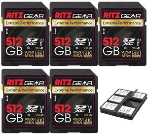 RITZ GEAR Extreme Performance High Speed UHS-I SDXC 512GB 90/60 MB/S U3 A1 C10 V30 Memory Card (5 Units) Designed for SD Devices That can Capture Full HD, 3D, and 4K Video as Well as raw Photography