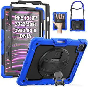 SEYMAC for iPad Pro 12.9 Case 2022/2021/ 2020/2018, Heavy Duty Protection Shockproof Case with Screen Protector, 360° Rotating Stand/Handle/Shoulder Strap, Supports Pencil 2 Charging, Blue
