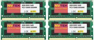 NVTEK 32GB (4X8GB) DDR3 1600MHZ PC3-12800 SODIMM 2Rx8 1.35V 204-PIN Non-ECC Laptop PC Computer Memory KIT