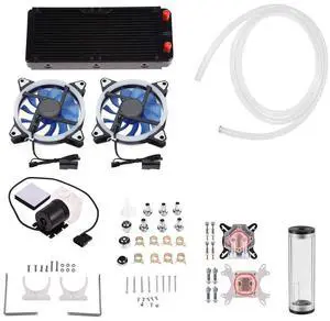 DIY Water Cooling Kit with CPU/GPU Block, Cylindrical Reservoir, Pump, LED Fan, 240mm Heat Sink Connectors