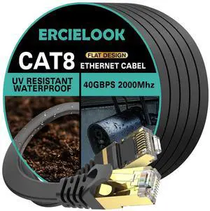 Ercielook CAT8 Ethernet Cable 100 ft High Speed, Shielded Flat Internet Cable with Clips, Weatherproof S/FTP UV Resistant for Router/Gaming/Modem - Black 30 M