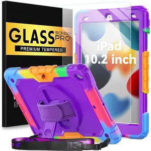 BLOSOMEET Case for iPad 9th/8th Generation 2021/2020 10.2 Inch with Tempered Glass Screen Protector |Rugged Shockproof iPad 7th Gen Kids Cover 2019 w/Stand Pencil Holder & Hand Shoulder Strap|Purple