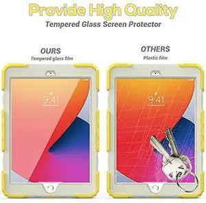 BLOSOMEET Kids Case for iPad 10.2 9th/8th Generation 2021 2020 with Tempered Glass Screen Protector Pen Holder,Cute Girls Boys iPad 7th Gen Cover Rugged w/Stand Hand Shoulder Strap Yellow