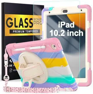 BLOSOMEET Case for iPad 9th/8th Generation 2021/2020 10.2 Inch for Kids Girls Cute w/Tempered Glass Screen Protector & Pencil Holder, iPad 7th Gen 10.2 Cover 2019 Pink w/Stand Hand Shoulder Strap