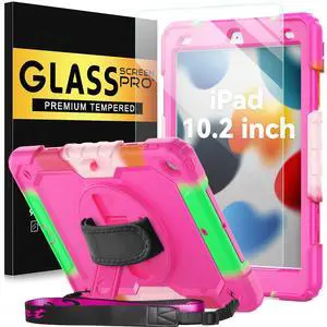 BLOSOMEET Case for iPad 9th/8th/7th Generation 2021/2020/2019 10.2 Inch for Kids Girls with Tempered Glass Screen Protector & Pen Holder| iPad 10.2 Case Cover w/Stand Hand Shoulder Strap |Rose