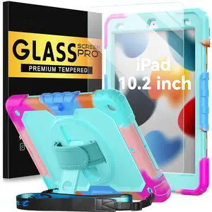 BLOSOMEET iPad Case for 9th Gen 10.2 inch 2021/2020 for Kids with Tempered Glass Screen Protector | iPad 8th/7th Generation Case Cover 2019 w/Stand Pen Holder & Hand Shoulder Strap |Turquoise