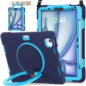BATYUE Case for iPad Air 11-inch M3 (2025) / M2 (2024), iPad Air 5th/4th 10.9 inch(2022/2020), iPad Pro 11" 4th/3rd/2nd/1st, Kids Cover with 360° Rotating Stand, Pencil Holder, Strap, NavyBlue