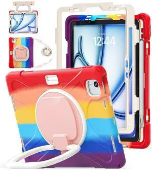 BATYUE Case for iPad Air 11-inch M3 (2025) / M2 (2024), iPad Air 5th/4th 10.9 inch(2022/2020), iPad Pro 11" 4th/3rd/2nd/1st, Kids Cover with 360° Rotating Stand, Pencil Holder, Carrying Strap, Red
