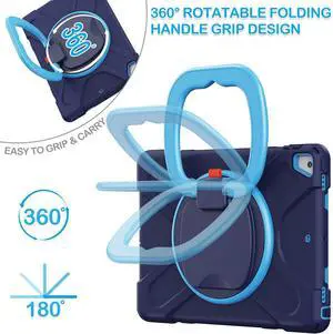 BATYUE Case for iPad 9.7 inch, 2018 iPad 6th Gen, 2017 iPad 5th Gen, iPad Air 2/ iPad Pro 9.7'',Shockproof Protective Cover with Pencil Holder &Rotating Bracket &Shoulder Strap (Navy Blue+Blue)