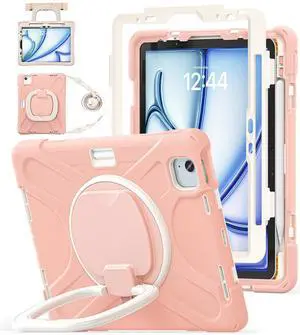 BATYUE Case for iPad Air 11-inch M3 (2025) / M2 (2024), iPad Air 5th/4th 10.9 inch(2022/2020), iPad Pro 11" 4th/3rd/2nd/1st, Kids Cover with 360° Rotating Stand, Pencil Holder, Carrying Strap, Rose