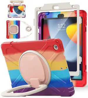BATYUE for iPad 9th/ 8th/ 7th Generation Case (iPad 10.2 inch Rugged Case 2021/2020/2019) with Screen Protector, Rotating Stand/Pencil Holder/Carrying Shoulder Strap (Colourful Red)