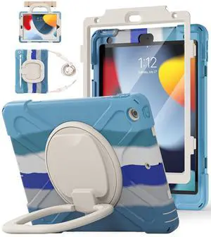BATYUE for iPad 9th/ 8th/ 7th Generation Case (iPad 10.2 inch Rugged Case 2021/2020/2019) with Screen Protector, Rotating Stand/Pencil Holder/Carrying Shoulder Strap (Colourful Blue)