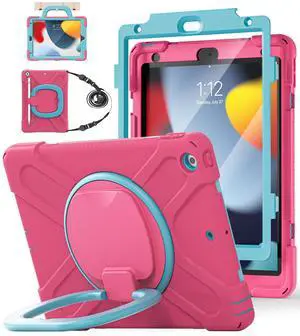 BATYUE for iPad 9th/ 8th/ 7th Generation Case (iPad 10.2 inch Rugged Case 2021/2020/2019) with Screen Protector, Rotating Stand/Pencil Holder/Carrying Shoulder Strap (Rose Red+Blue)