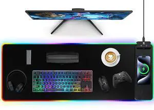 Mouse Pad with Wireless Charging, Large Desk Mat RGB Gaming Mousepad, 10 Light Colors LED Gaming Pad Keyboard Pad with Ultra-Smooth Surface & Non-Slip Rubber Base, Waterproof Full Desk Mouse Pad