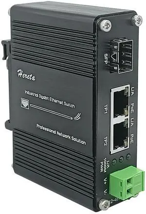 Gigabit Industrial Ethernet Media Converter POE+ 30W Aluminum Case 2 RJ45 Port 1 SFP Port Supports External SFP Modules 12~48V DC Input Power