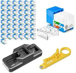 VCE RJ45 Cat6 Keystone Jacks UL Listed 50-Pack, UTP Ethernet Keystone Jacks with Keystone Punch Down Stand Tool and Wire Stripper Cutter, Blue