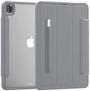 Case for Apple iPad Pro (12.9-inch, 2020 Model, 4th Generation), Techcircle Smart Tri-fold Stand Cover Clear Back Hard Shell Magnetic Protective Case with Pencil Holder, Auto Wake/Sleep, Gray