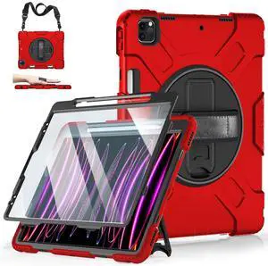 Case for iPad Pro 12.9 2022/2021/ 2020/2018: Cover for iPad Pro 12.9 6th/ 5th/ 4th/ 3rd Generation with Screen Protector- Stand- Pencil Holder- Handle- Shoulder Strap Red