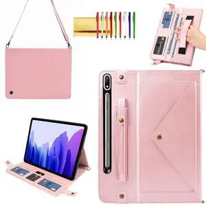 Case for Samsung Galaxy Tab S8 Plus/S7+/S7 FE, Techcircle Smart Folio Stand PU Leather Cover w/Hand Strap, Crossbody Protective Case w/Pen Holder Card Slots Envelope Pocket Wallet Case, Rose Gold