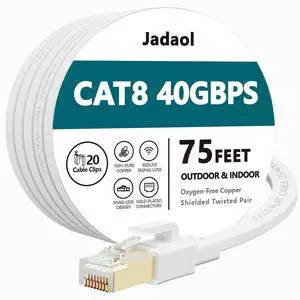 Cat8 Ethernet Cable, Outdoor&Indoor, 75 FT Heavy Duty High Speed Cat 8 LAN Network Cable, 40Gbps 2000MHz RJ45 Flat Internet Computer Patch Cord, Weatherproof S/FTP UV Resistant for Router/Modem/Gaming