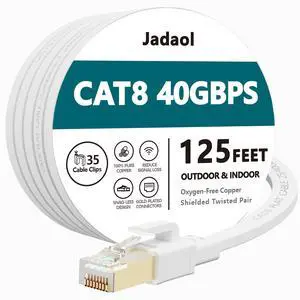 Cat8 Ethernet Cable 125 ft (38.1m), Outdoor&Indoor, Flat 40Gbps 2000MHz S/FTP Cable, Heavy Duty Internet Cord, UV Resistant Weatherproof Shielded RJ45 for Router, Modem, Switch, Gaming, PC, TV, White