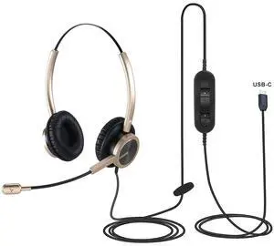 USB Type C Headphones with Noise Canceling Microphone, USB-C Headset with Mic for PC, Laptop, Lightweight Overhead Gold Headset for Call Center Office, Teams, Zoom, Dragon Dictation, Google Meet