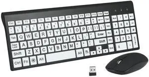 Full Size Large Print 2.4g Wireless Keyboard and Mouse with Oversized Print for Kids Visually Impaired Low Vision Individuals (Black)