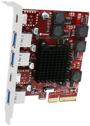 FebSmart 2X USB-C & 3X USB-A 10Gbps Ports PCIE USB 3.1 GEN2 Card for Windows 11, 10, 8.x, 7(32/64bit), Windows Server, MAC OS and Linux Desktop PCs, Built in Self-Powered Technology (FS-A3C2-Pro)