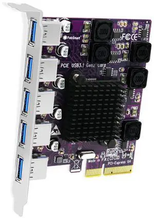 FebSmart 5X 10Gbps USB-A Ports PCIE USB 3.1 GEN2 Expansion Card for Windows 11, 10, 8.x, 7(32/64bit), Windows Server, MAC OS and Linux Desktop PCs, Built in Self-Powered Technology (FS-A5-Pro)