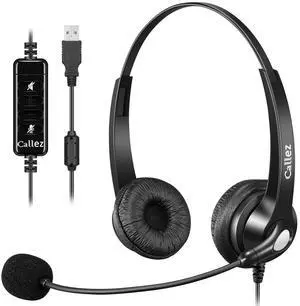 USB Headset with Microphone Noise Cancelling & Audio Controls, Stereo Computer Headphones for Business Skype UC Lync Softphone Call Center Office, Clearer Voice, Super Light, Ultra Comfort